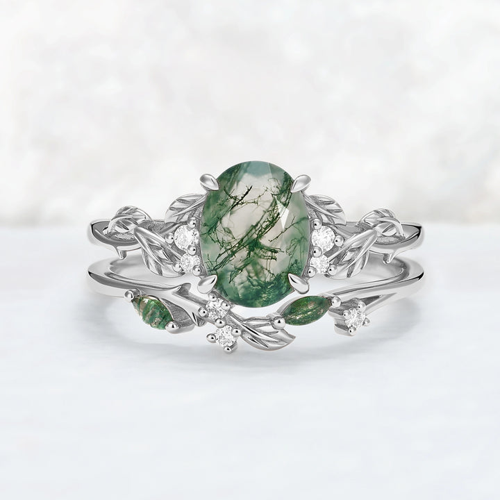 Nature Inspired Oval Cut Moss Agate Leaf Engagement Ring Set 2pcs