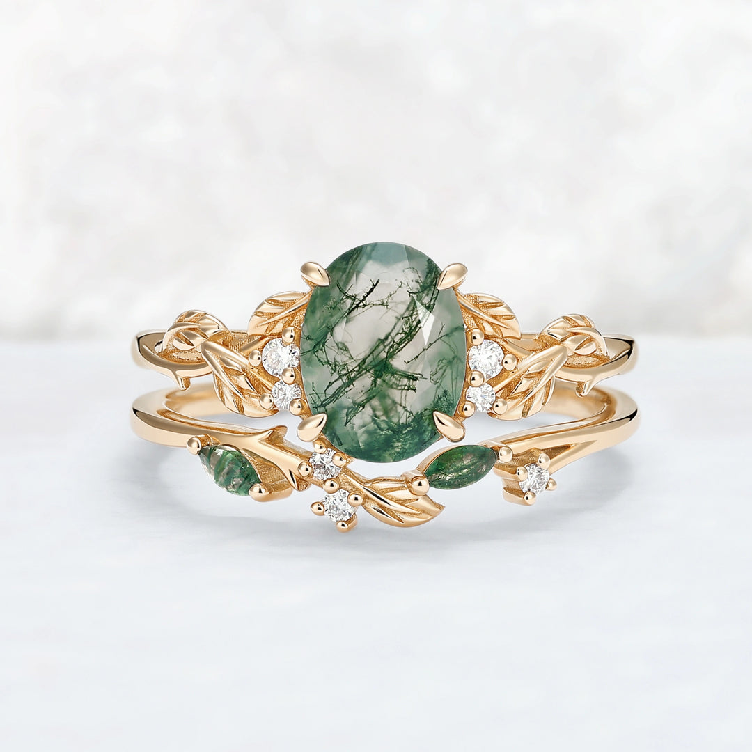 Nature Inspired Oval Cut Moss Agate Leaf Engagement Ring Set 2pcs
