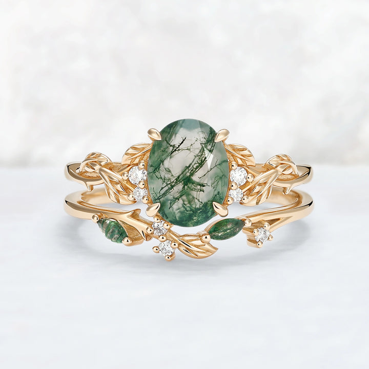Nature Inspired Oval Cut Moss Agate Leaf Engagement Ring Set 2pcs