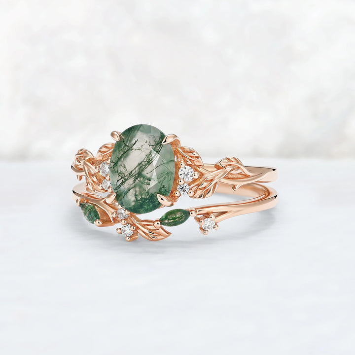Nature Inspired Oval Cut Moss Agate Leaf Engagement Ring Set 2pcs