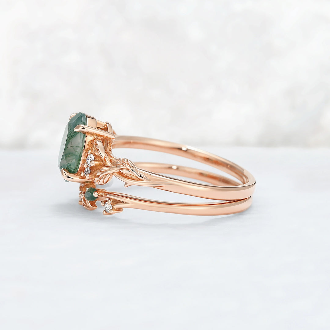 Nature Inspired Oval Cut Moss Agate Leaf Engagement Ring Set 2pcs