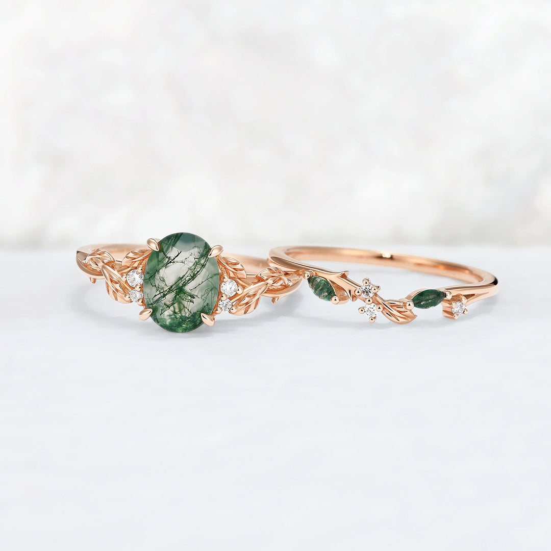 Nature Inspired Oval Cut Moss Agate Leaf Engagement Ring Set 2pcs