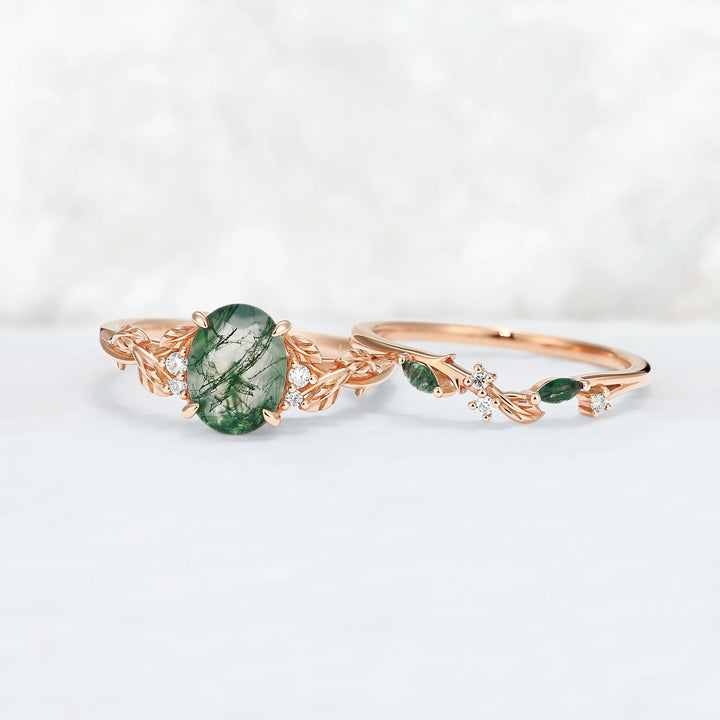 Nature Inspired Oval Cut Moss Agate Leaf Engagement Ring Set 2pcs