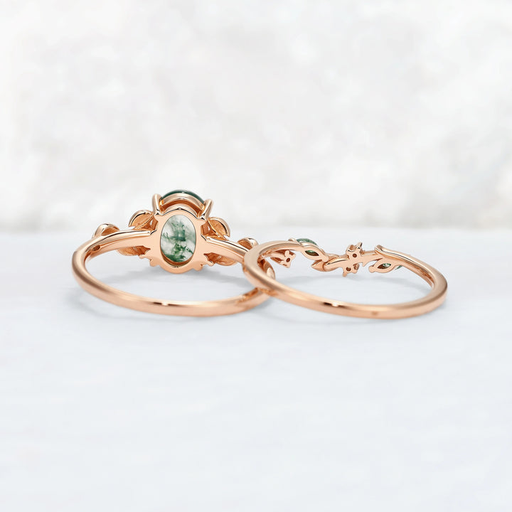 Nature Inspired Oval Cut Moss Agate Leaf Engagement Ring Set 2pcs