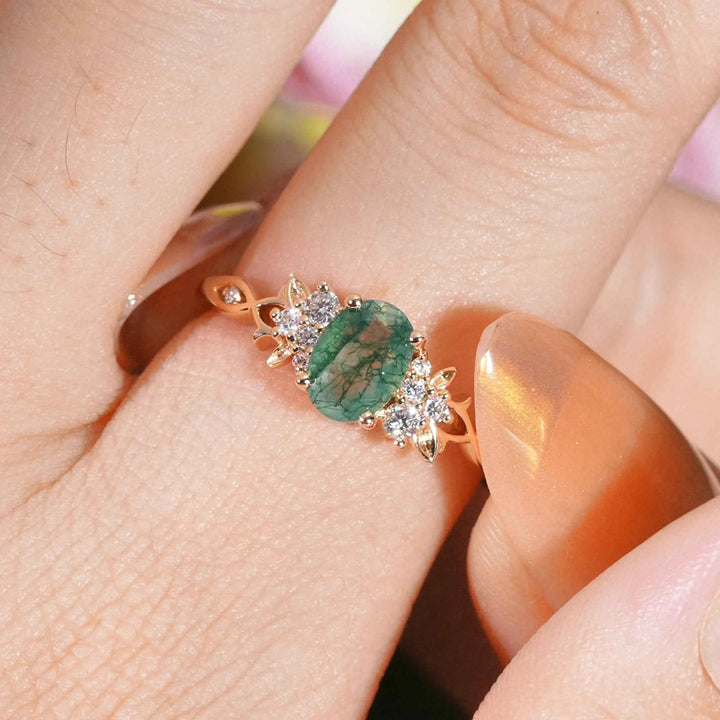 Nature Inspired Oval Cut Moss Agate Leaf Gemstone Ring