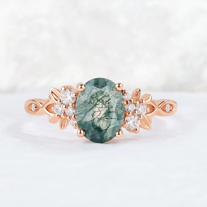 Nature Inspired Oval Cut Moss Agate Leaf Gemstone Ring