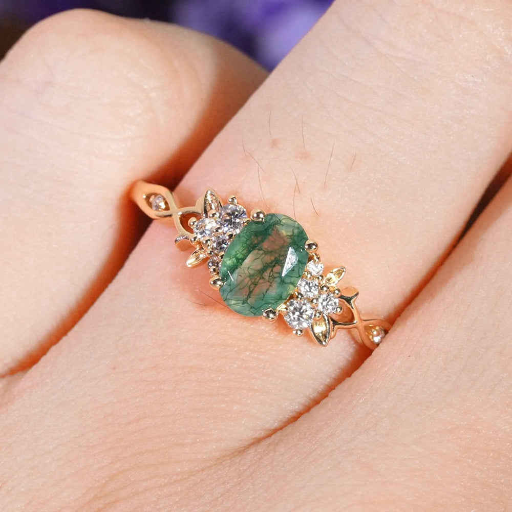 Nature Inspired Oval Cut Moss Agate Leaf Gemstone Ring
