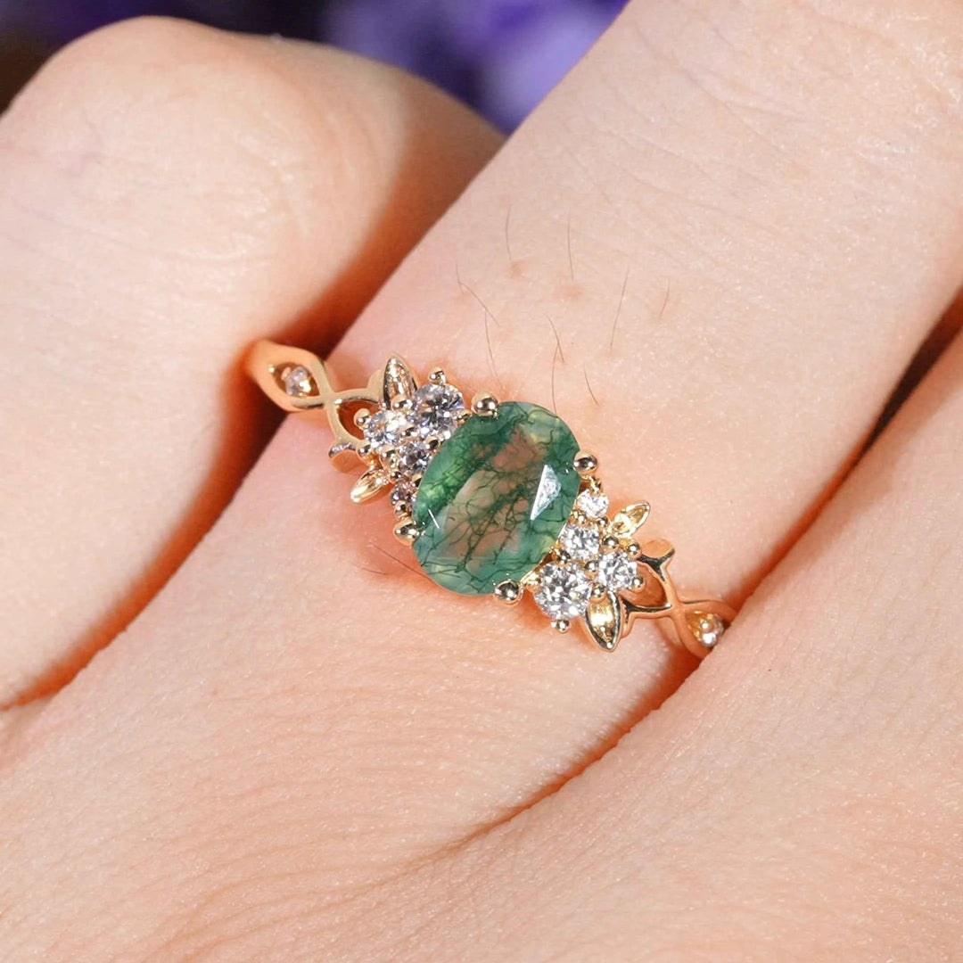 Nature Inspired Oval Cut Moss Agate Leaf Gemstone Ring
