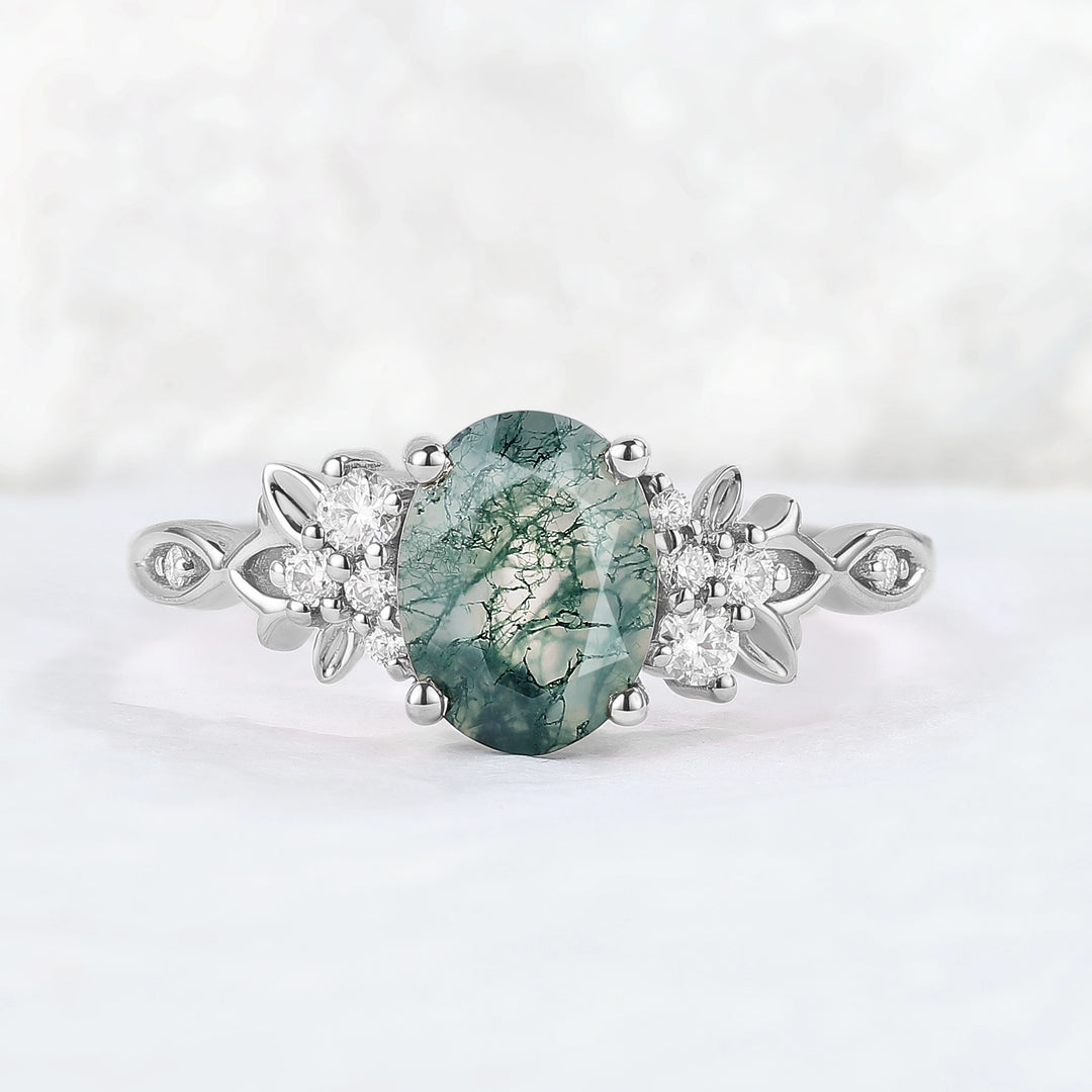 Nature Inspired Oval Cut Moss Agate Leaf Gemstone Ring