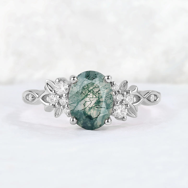 Nature Inspired Oval Cut Moss Agate Leaf Gemstone Ring
