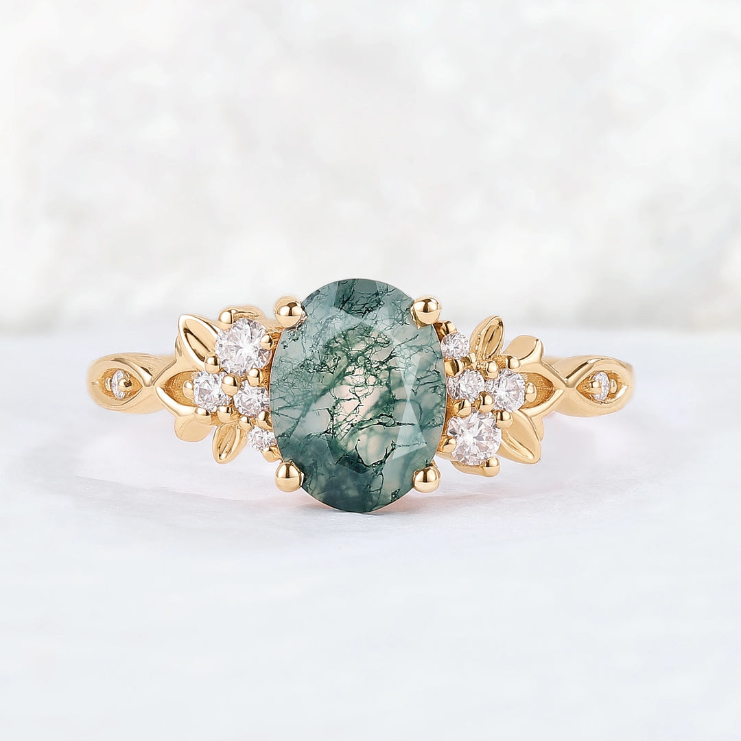 Nature Inspired Oval Cut Moss Agate Leaf Gemstone Ring
