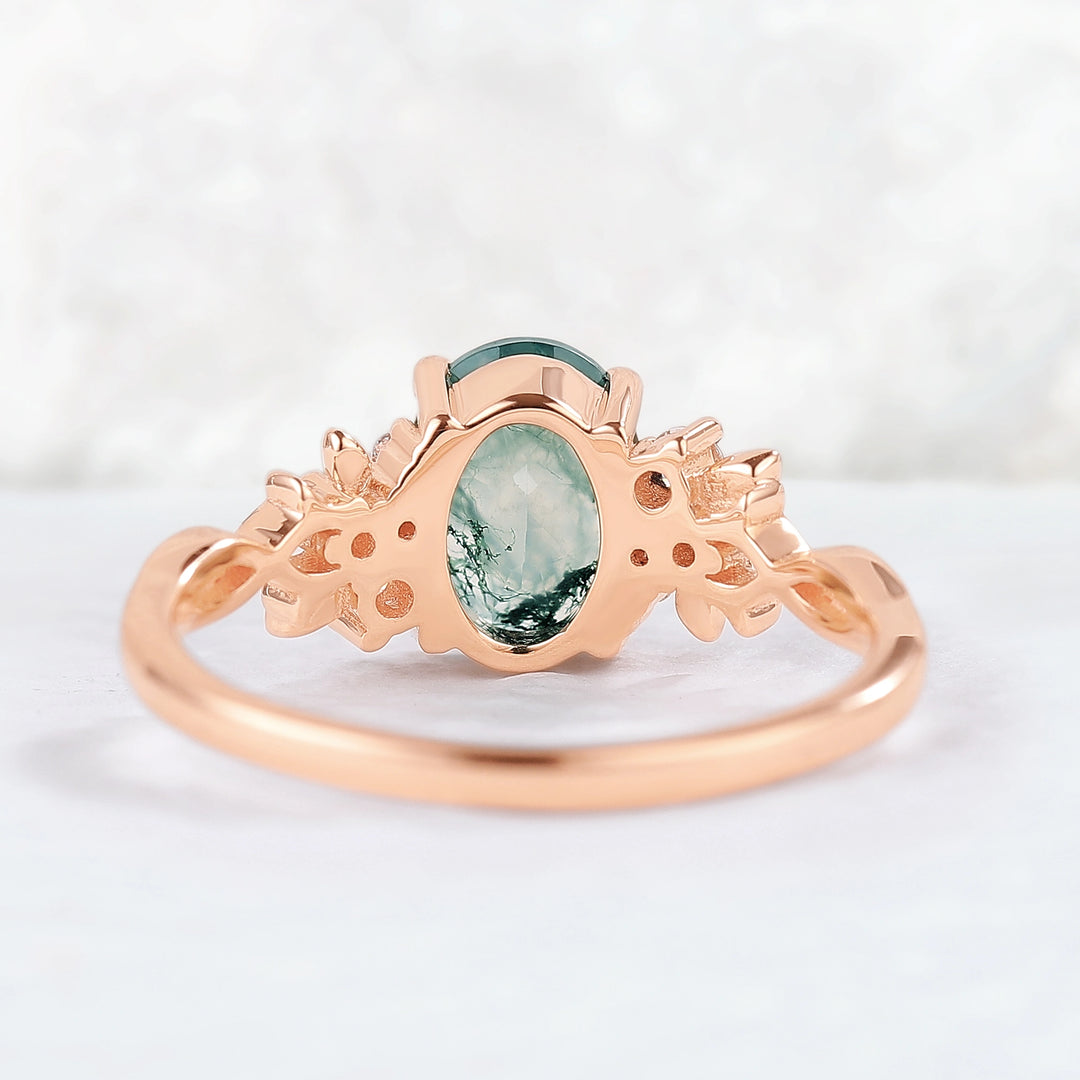 Nature Inspired Oval Cut Moss Agate Leaf Gemstone Ring