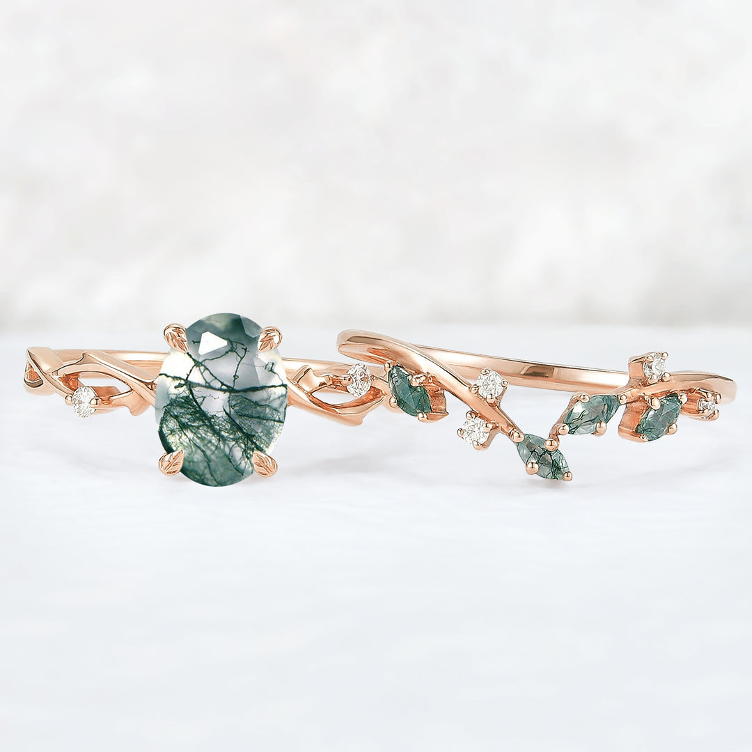 Nature Inspired Oval Cut Moss Agate Leaf and Twig Ring Set 2pcs