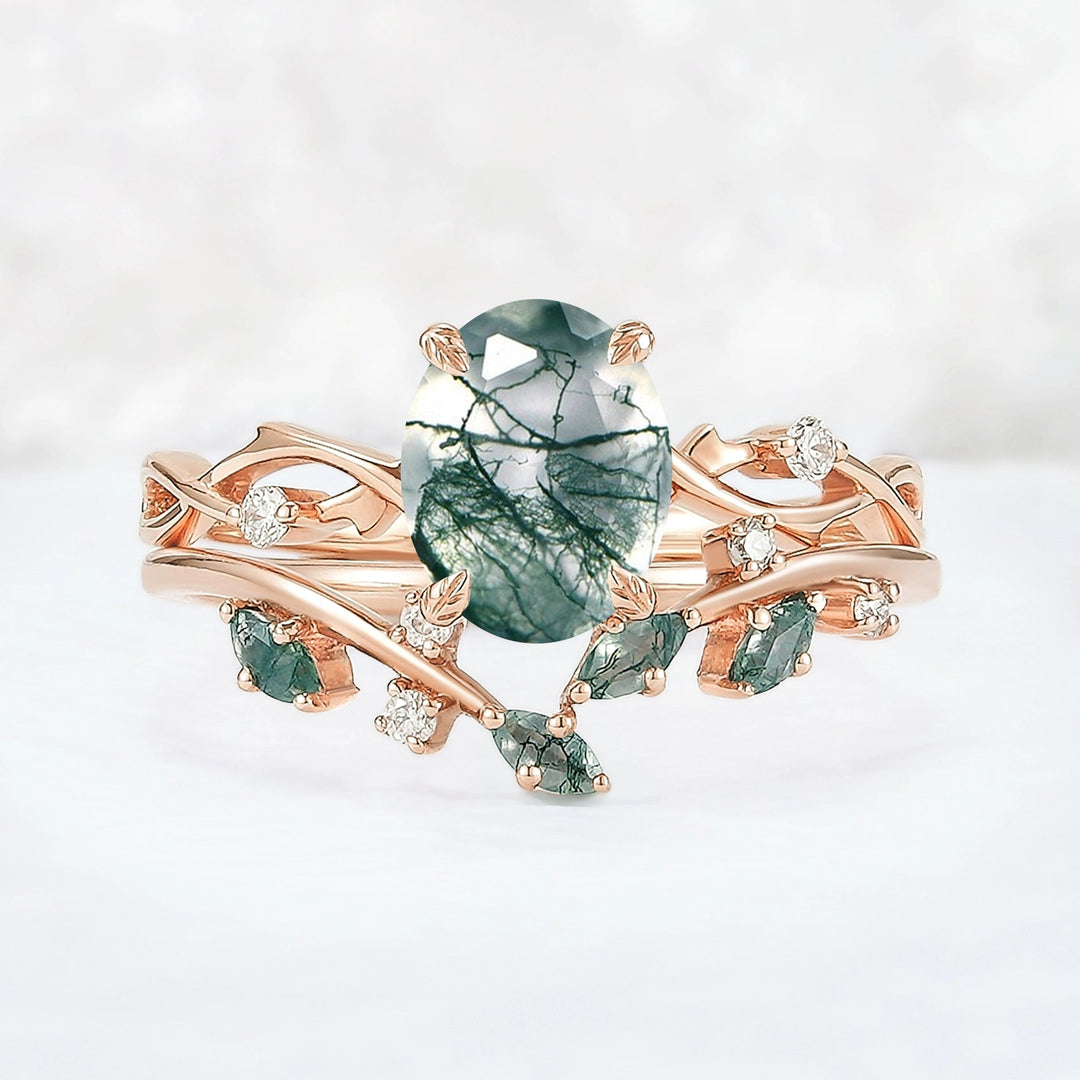 Nature Inspired Oval Cut Moss Agate Leaf and Twig Ring Set 2pcs