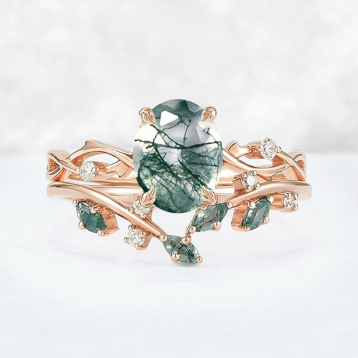 Nature Inspired Oval Cut Moss Agate Leaf and Twig Ring Set 2pcs