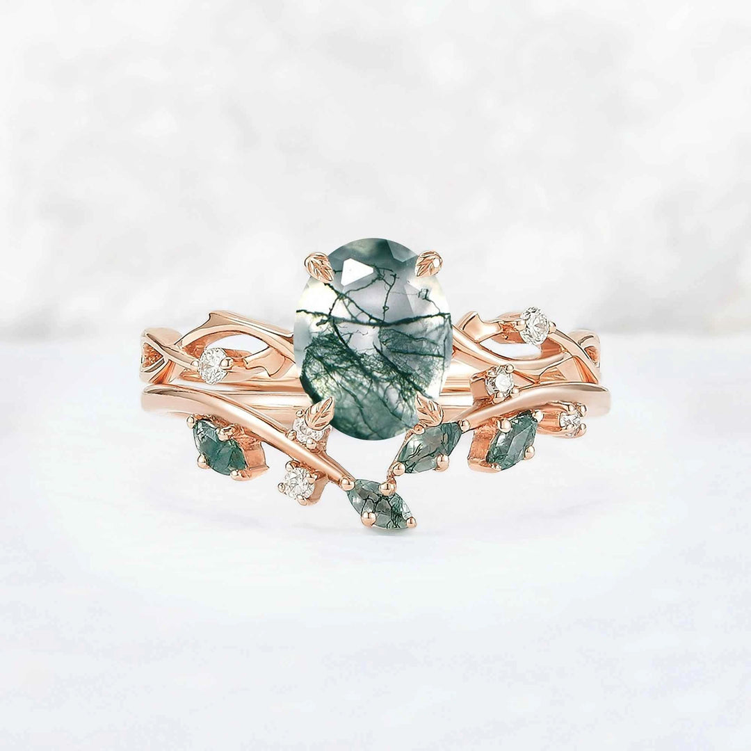 Nature Inspired Oval Cut Moss Agate Vine Design Silver Ring Set 2pcs