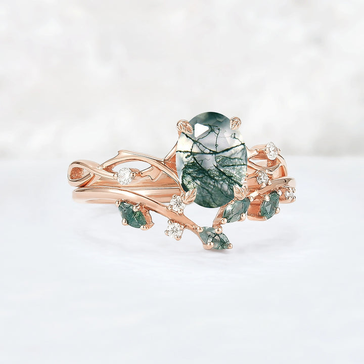 Nature Inspired Oval Cut Moss Agate Leaf and Twig Ring Set 2pcs
