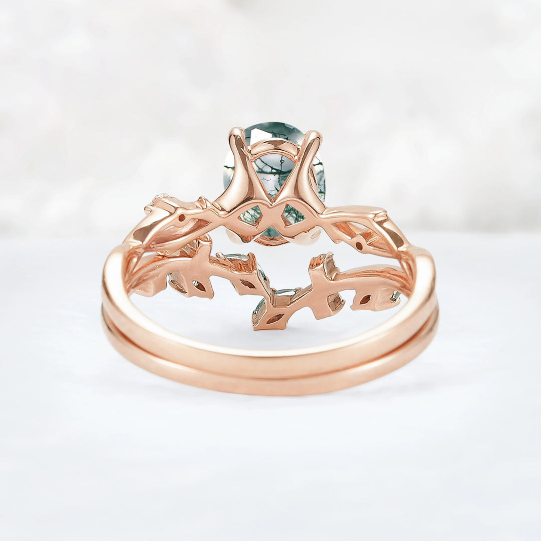 Nature Inspired Oval Cut Moss Agate Leaf and Twig Ring Set 2pcs