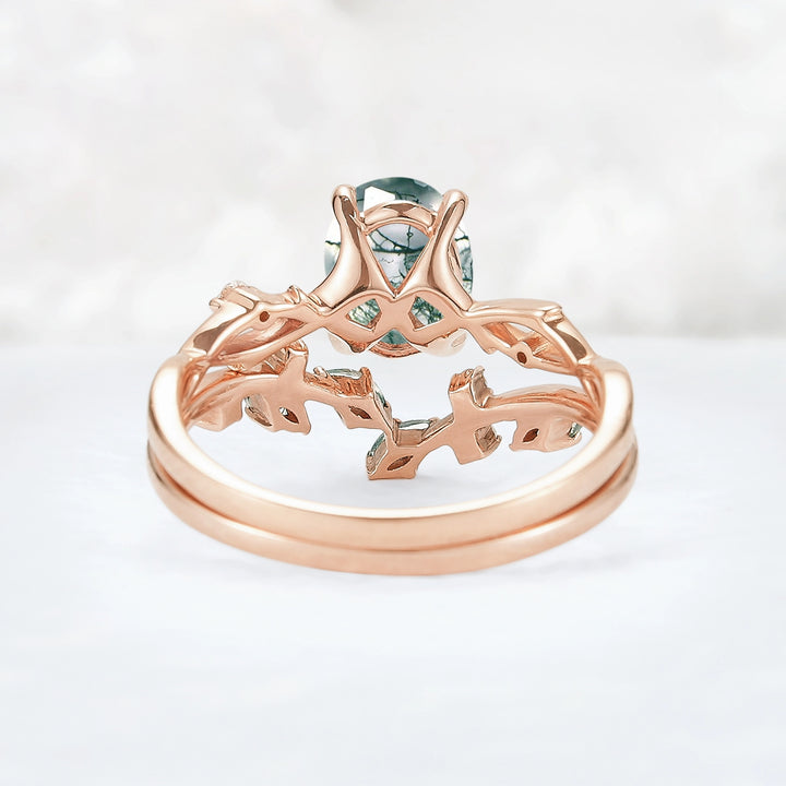 Nature Inspired Oval Cut Moss Agate Leaf and Twig Ring Set 2pcs