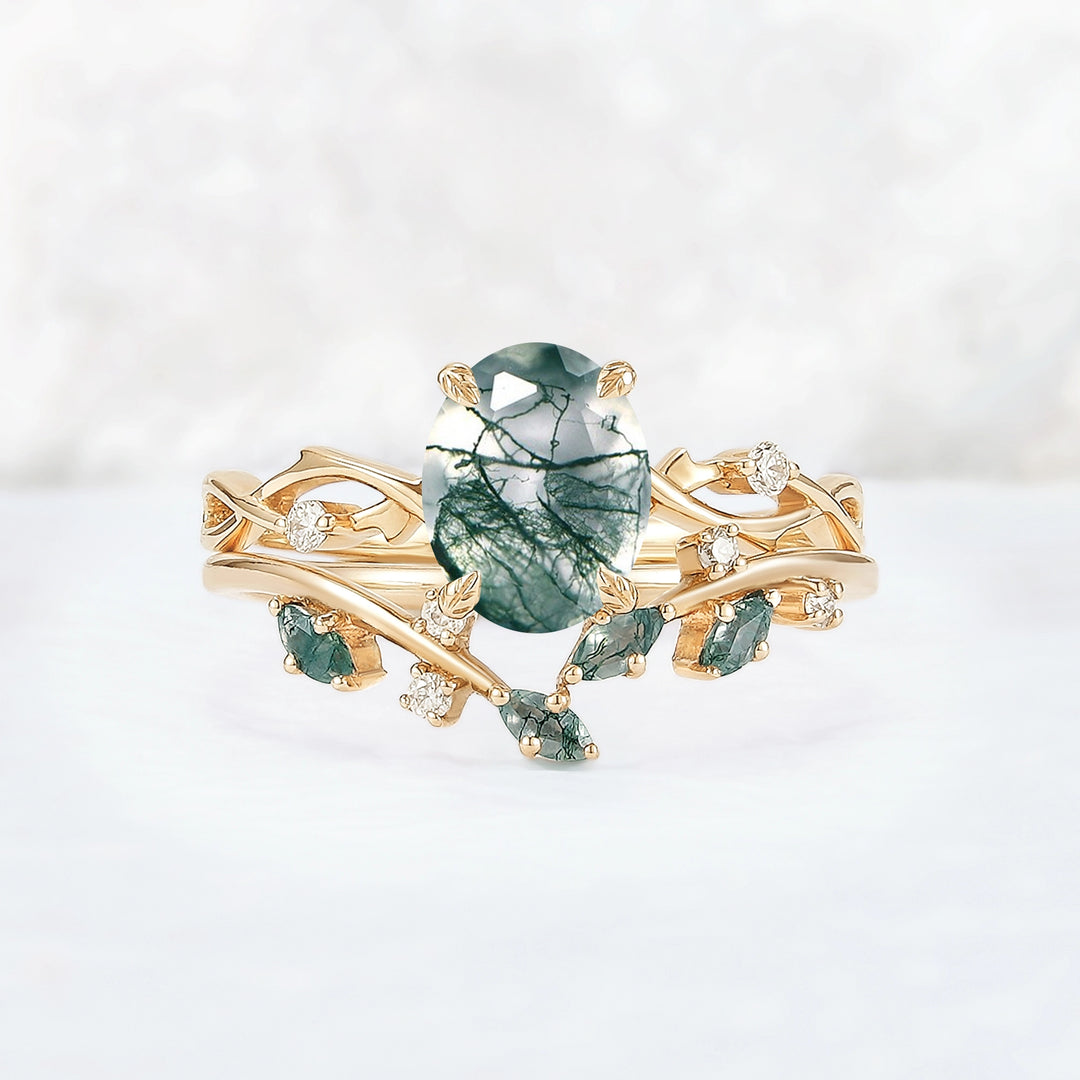 Nature Inspired Oval Cut Moss Agate Leaf and Twig Ring Set 2pcs