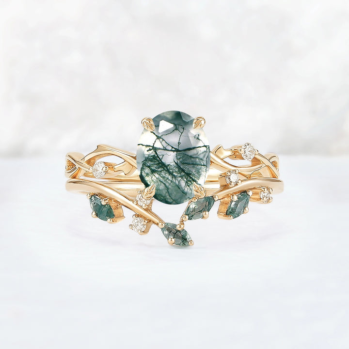Nature Inspired Oval Cut Moss Agate Leaf and Twig Ring Set 2pcs