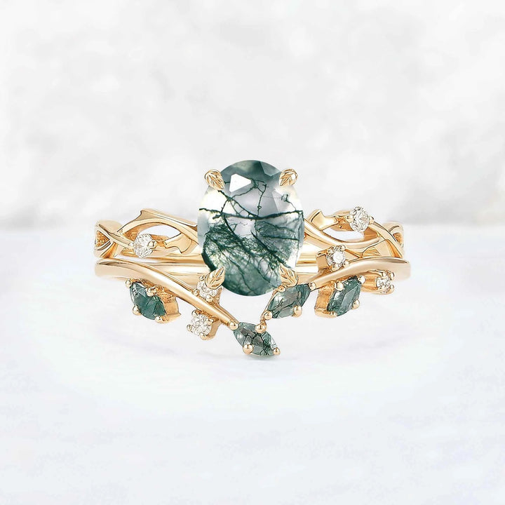 Nature Inspired Oval Cut Moss Agate Vine Design Silver Ring Set 2pcs