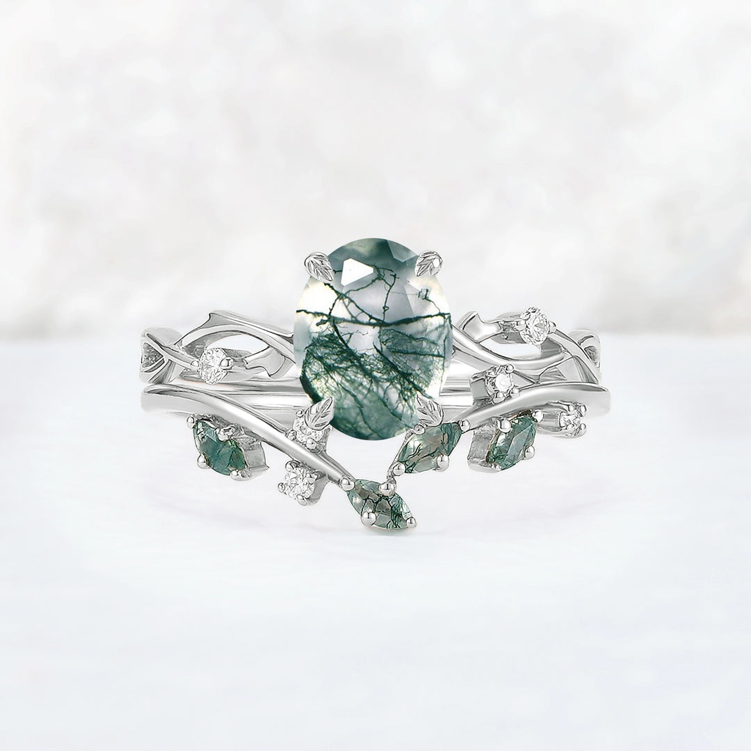 Nature Inspired Oval Cut Moss Agate Leaf and Twig Ring Set 2pcs