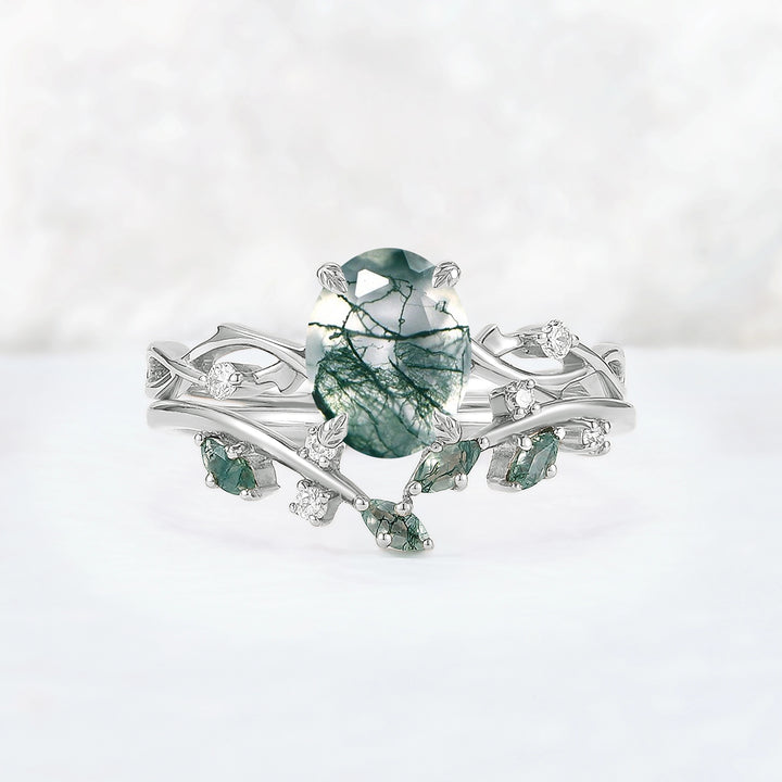 Nature Inspired Oval Cut Moss Agate Leaf and Twig Ring Set 2pcs