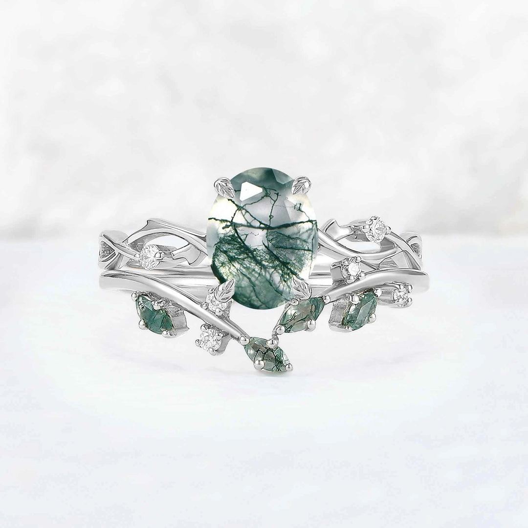 Nature Inspired Oval Cut Moss Agate Vine Design Silver Ring Set 2pcs