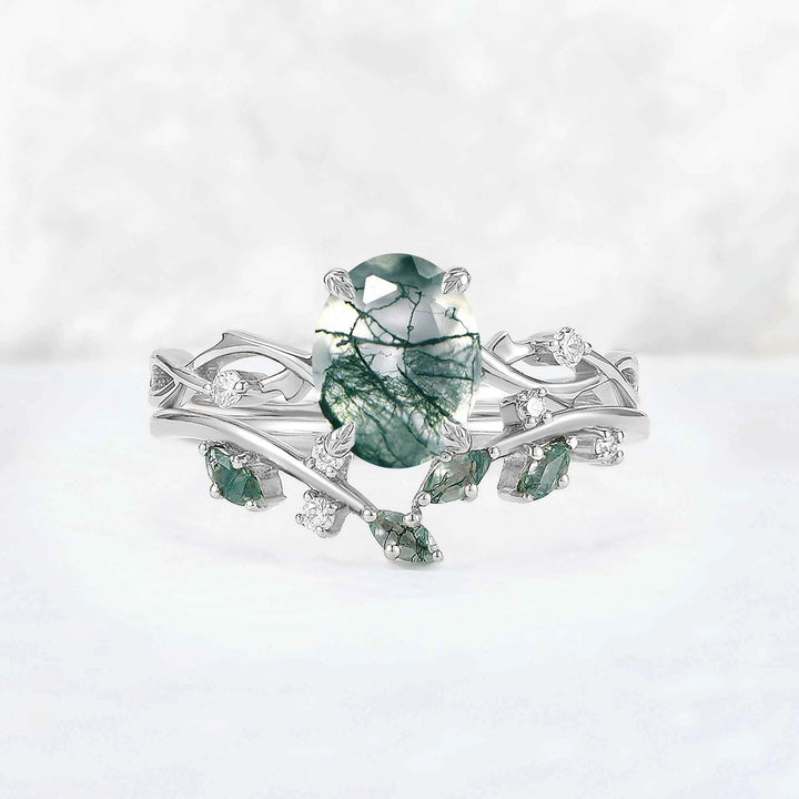 Nature Inspired Oval Cut Moss Agate Vine Design Silver Ring Set 2pcs