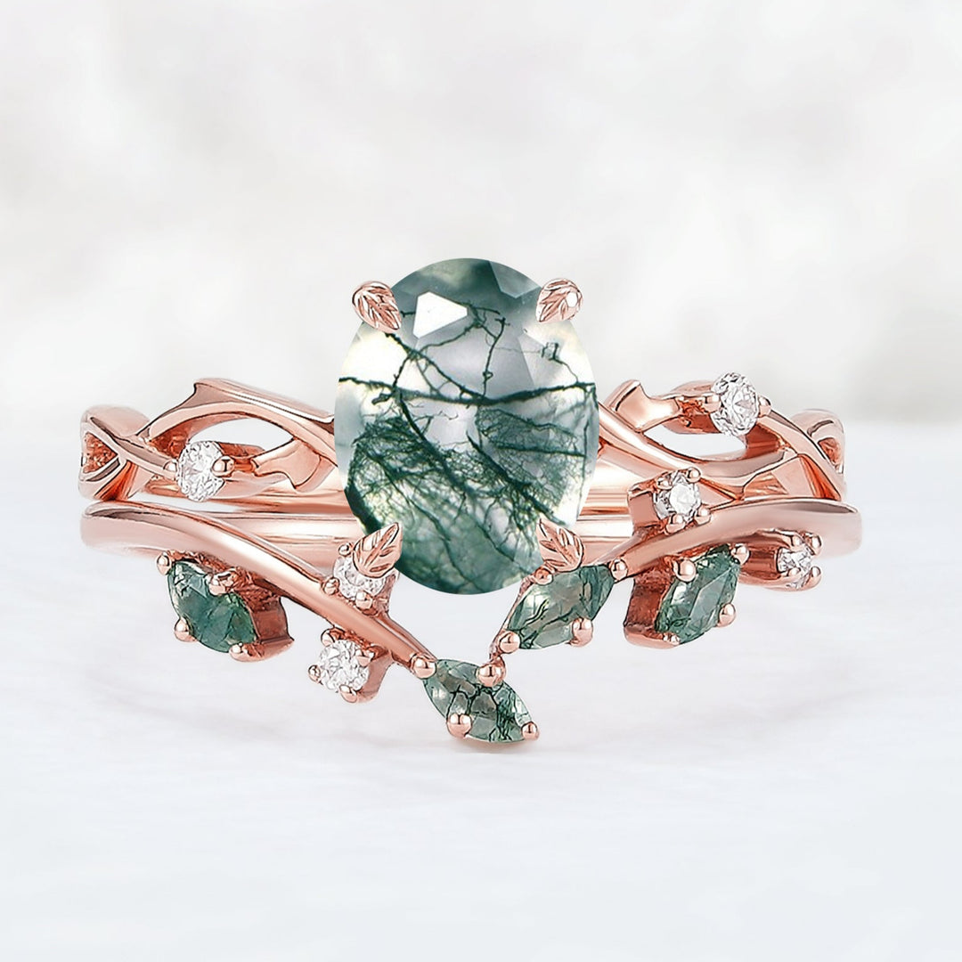 Nature Inspired Oval Cut Moss Agate Leaf and Vine Ring Set 2pcs