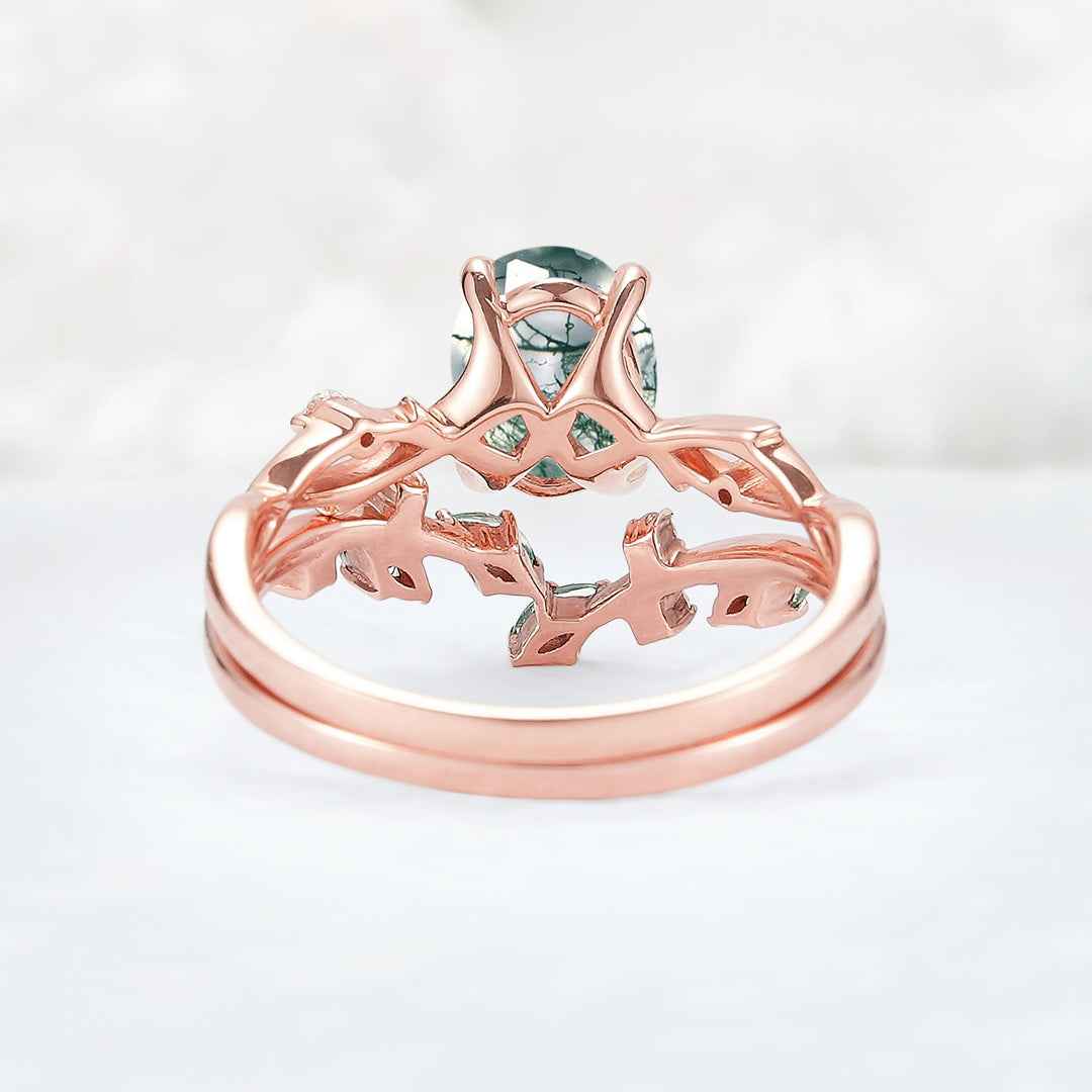 Nature Inspired Oval Cut Moss Agate Leaf and Vine Ring Set 2pcs