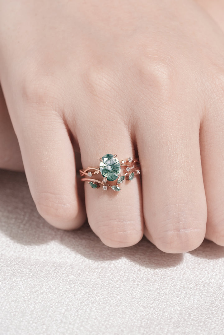 Nature Inspired Oval Cut Moss Agate Leaf and Vine Ring Set 2pcs