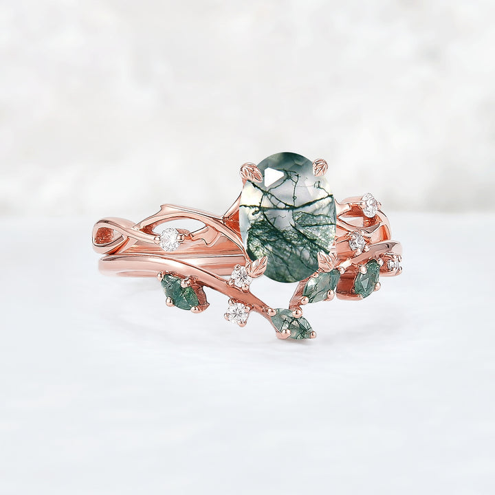 Nature Inspired Oval Cut Moss Agate Leaf and Vine Ring Set 2pcs