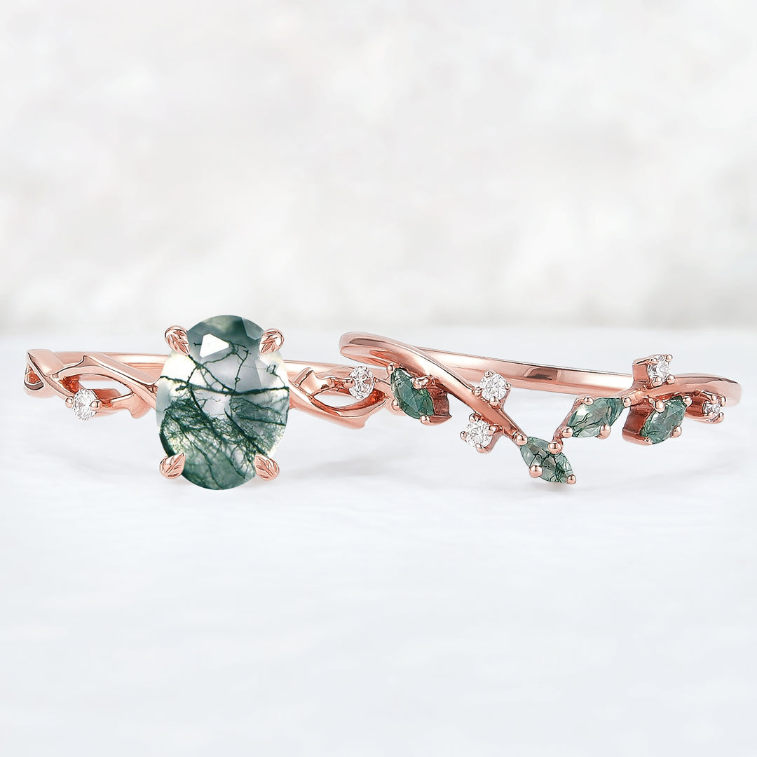 Nature Inspired Oval Cut Moss Agate Leaf and Vine Ring Set 2pcs