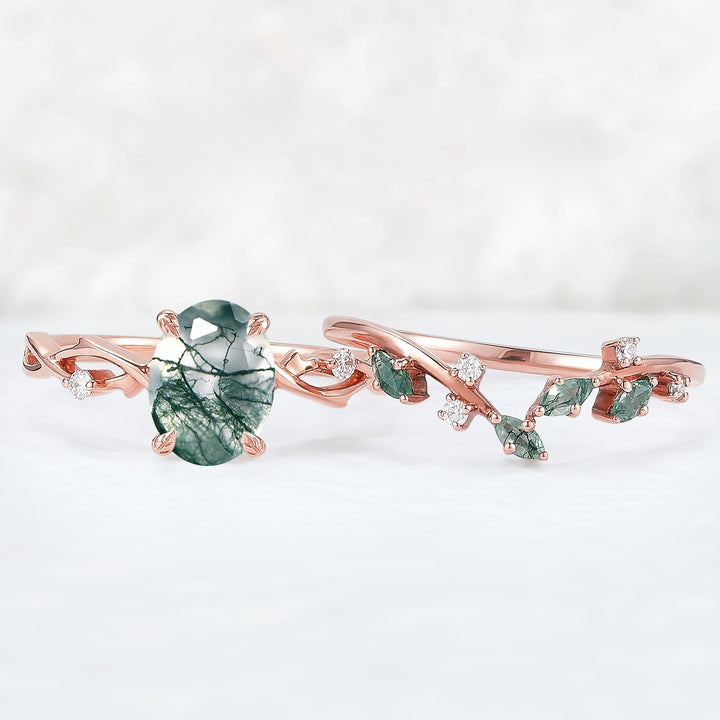 Nature Inspired Oval Cut Moss Agate Leaf and Vine Ring Set 2pcs