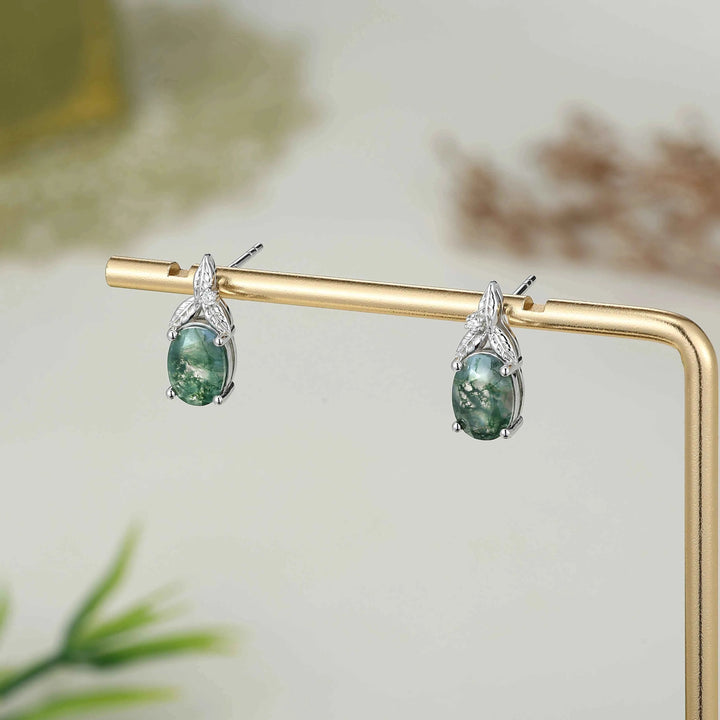 Nature Inspired Oval Cut Moss Agate with Moissanite Leafy Earrings