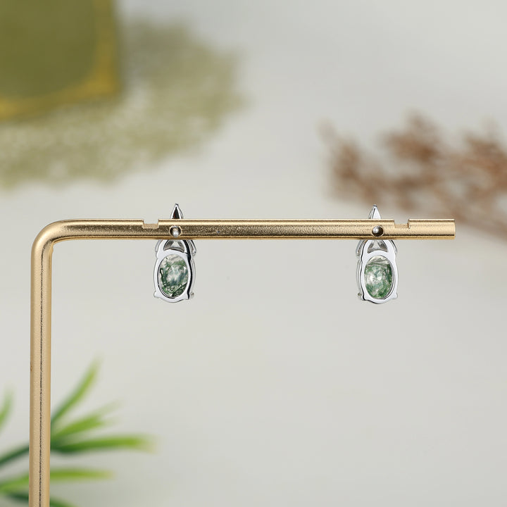 Nature Inspired Oval Cut Moss Agate Leafy Earrings