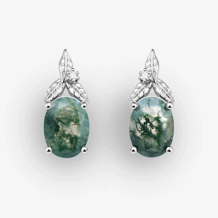 Nature Inspired Oval Cut Moss Agate Leafy Earrings - Ready to Ship