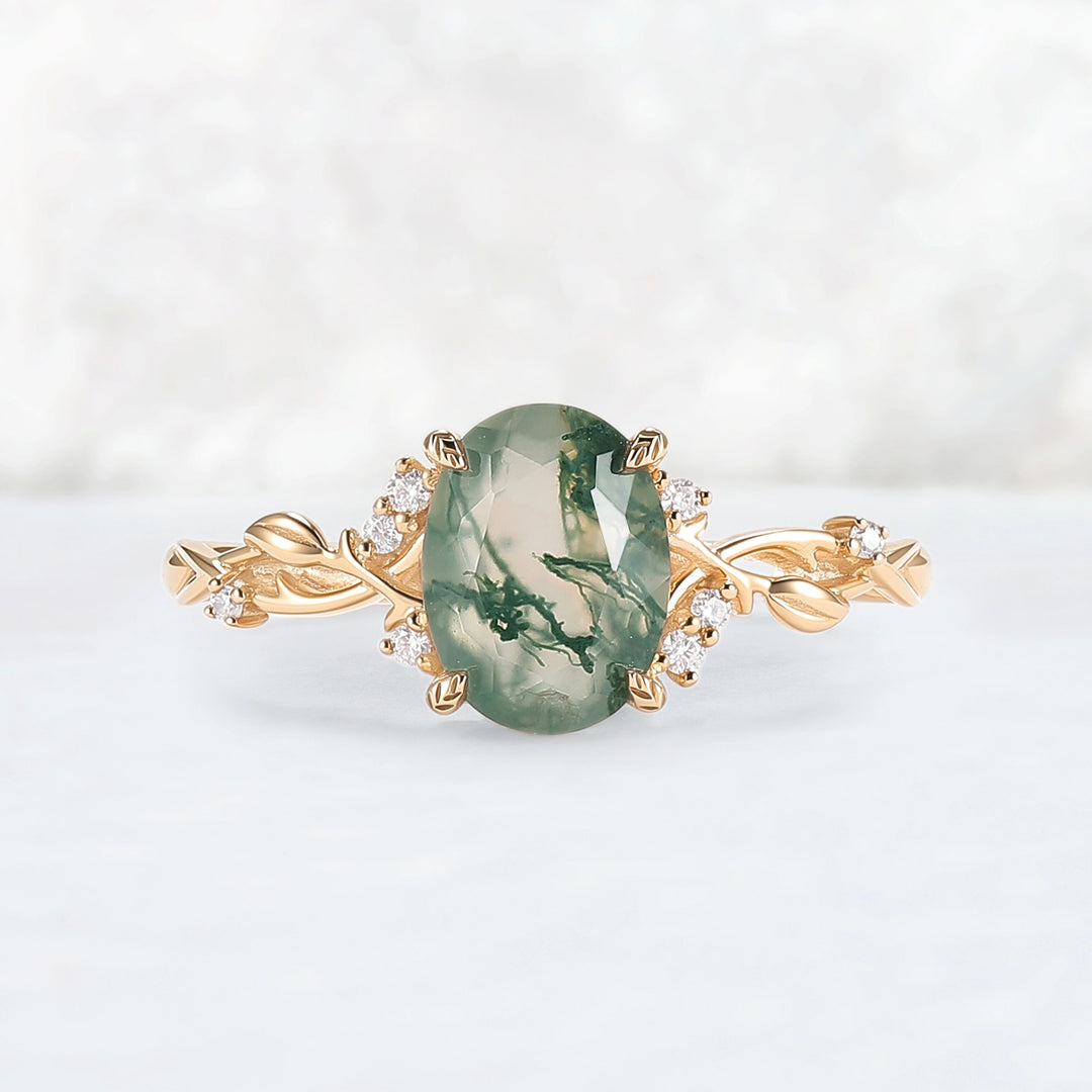 Nature Inspired Oval Cut Moss Agate Leafy Engagement Ring