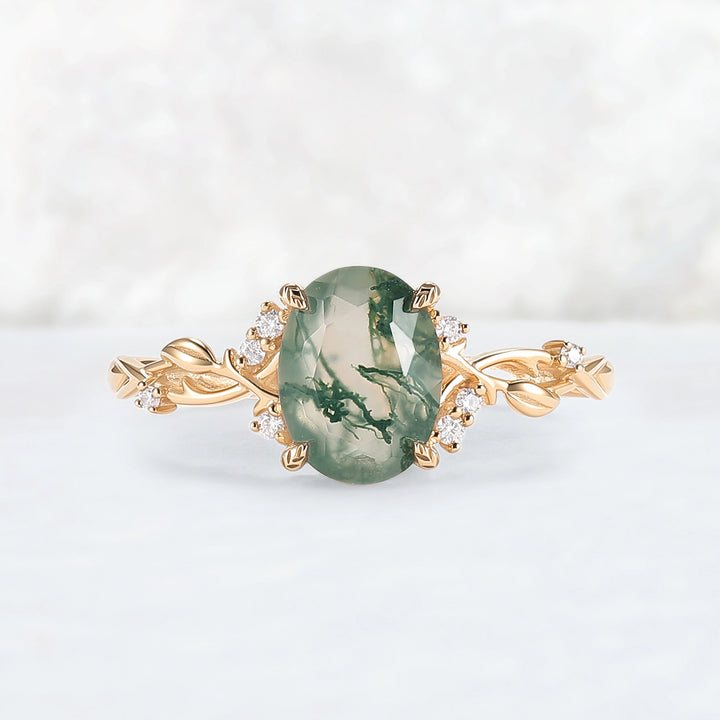 Nature Inspired Oval Cut Moss Agate Leafy Engagement Ring