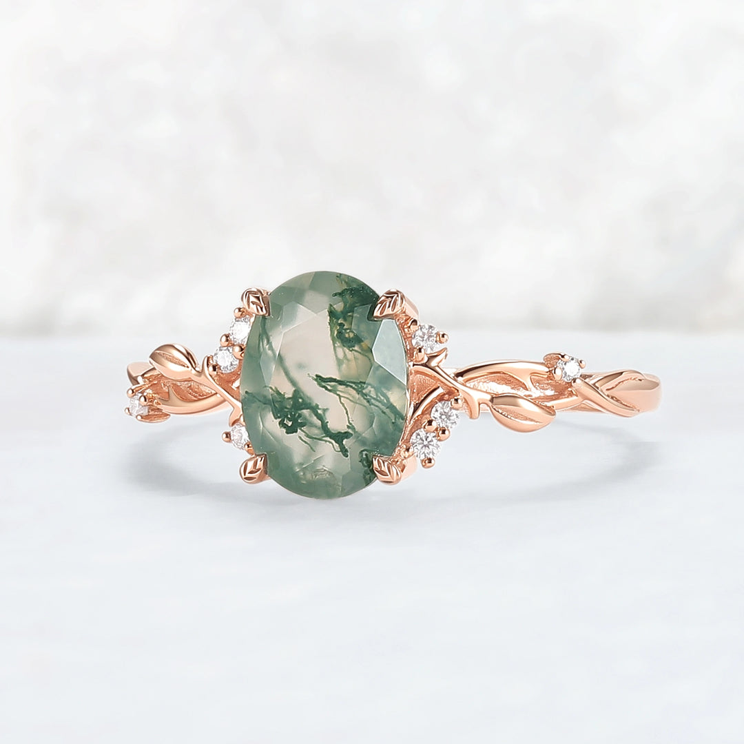 Nature Inspired Oval Cut Moss Agate Leafy Engagement Ring