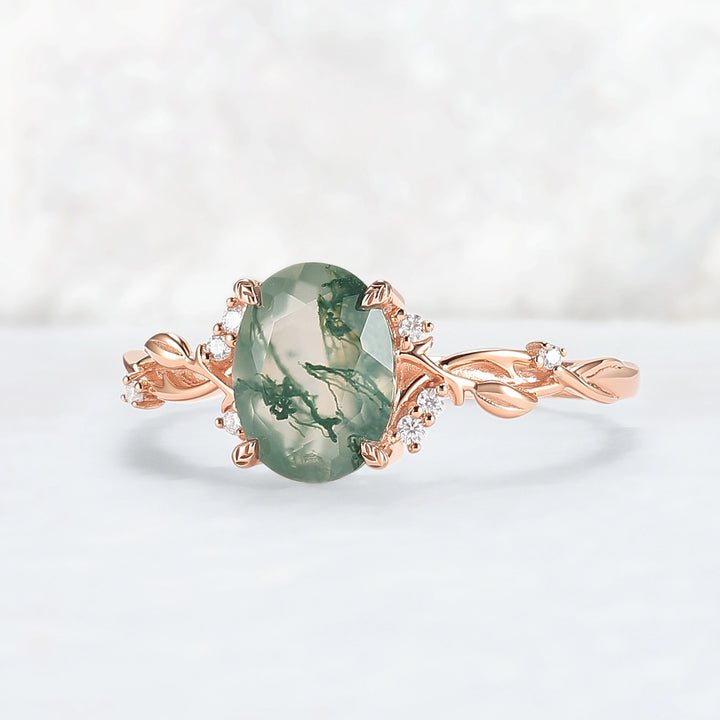 Nature Inspired Oval Cut Moss Agate Leafy Engagement Ring