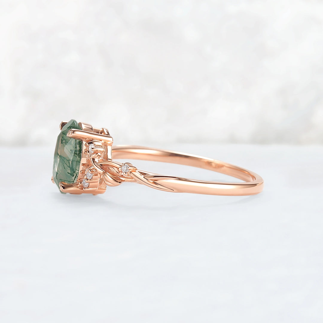 Nature Inspired Oval Cut Moss Agate Leafy Engagement Ring