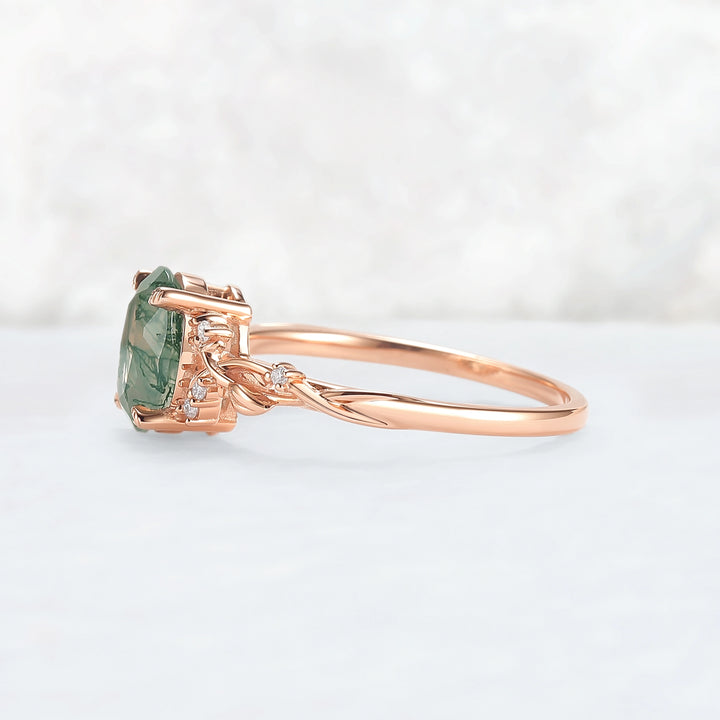 Nature Inspired Oval Cut Moss Agate Leafy Engagement Ring