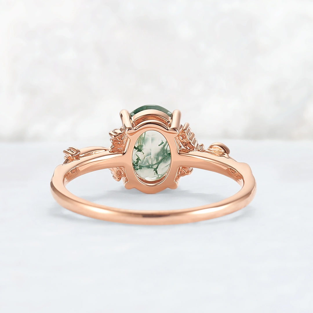 Nature Inspired Oval Cut Moss Agate Leafy Engagement Ring