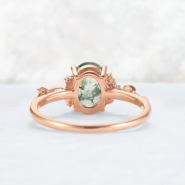 Nature Inspired Oval Cut Moss Agate Leafy Engagement Ring