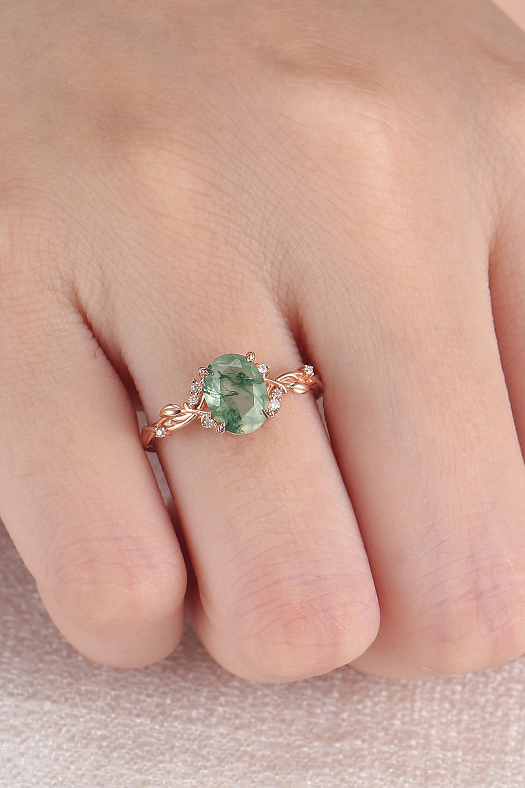 Nature Inspired Oval Cut Moss Agate Leafy Engagement Ring