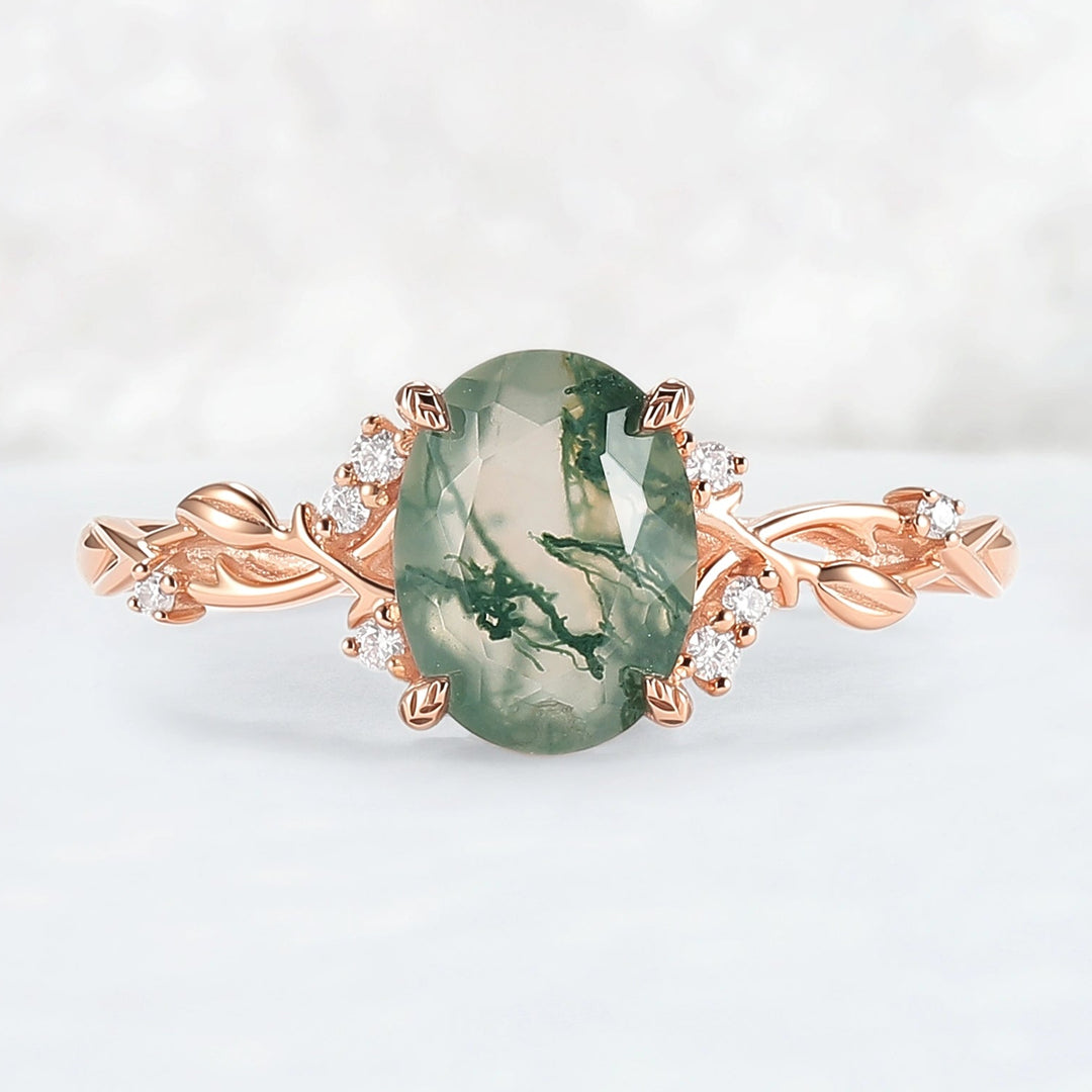 Nature Inspired Oval Cut Moss Agate Leafy Engagement Ring