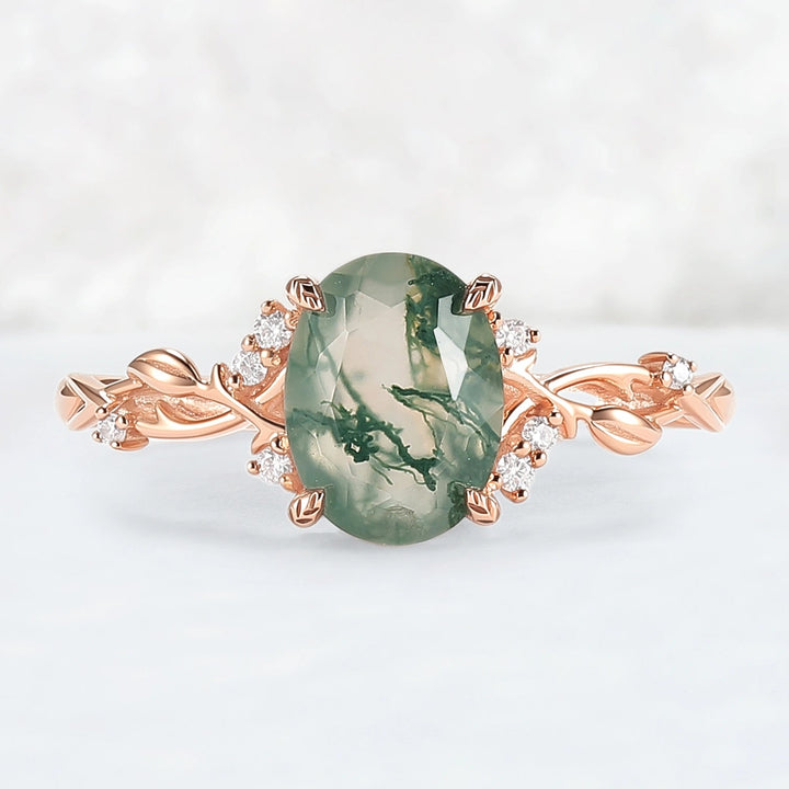 Nature Inspired Oval Cut Moss Agate Leafy Engagement Ring